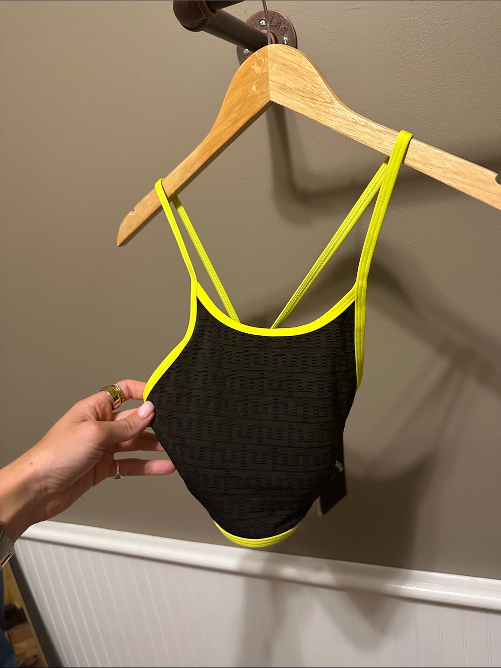 The Upside Black Crop Swim Top with Neon Yellow Trim
